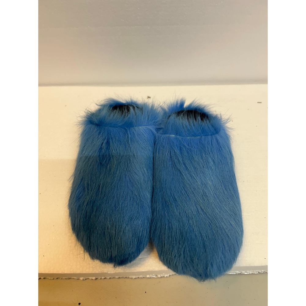 Blue Faux Fur Shaggy Mule Slippers Round Toe Flat Slip On Shoes Mens Womens